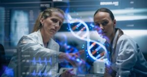 Physician,And,Patient,Examine,A,Holographic,Dna,Model.,Ai-powered,Genomic